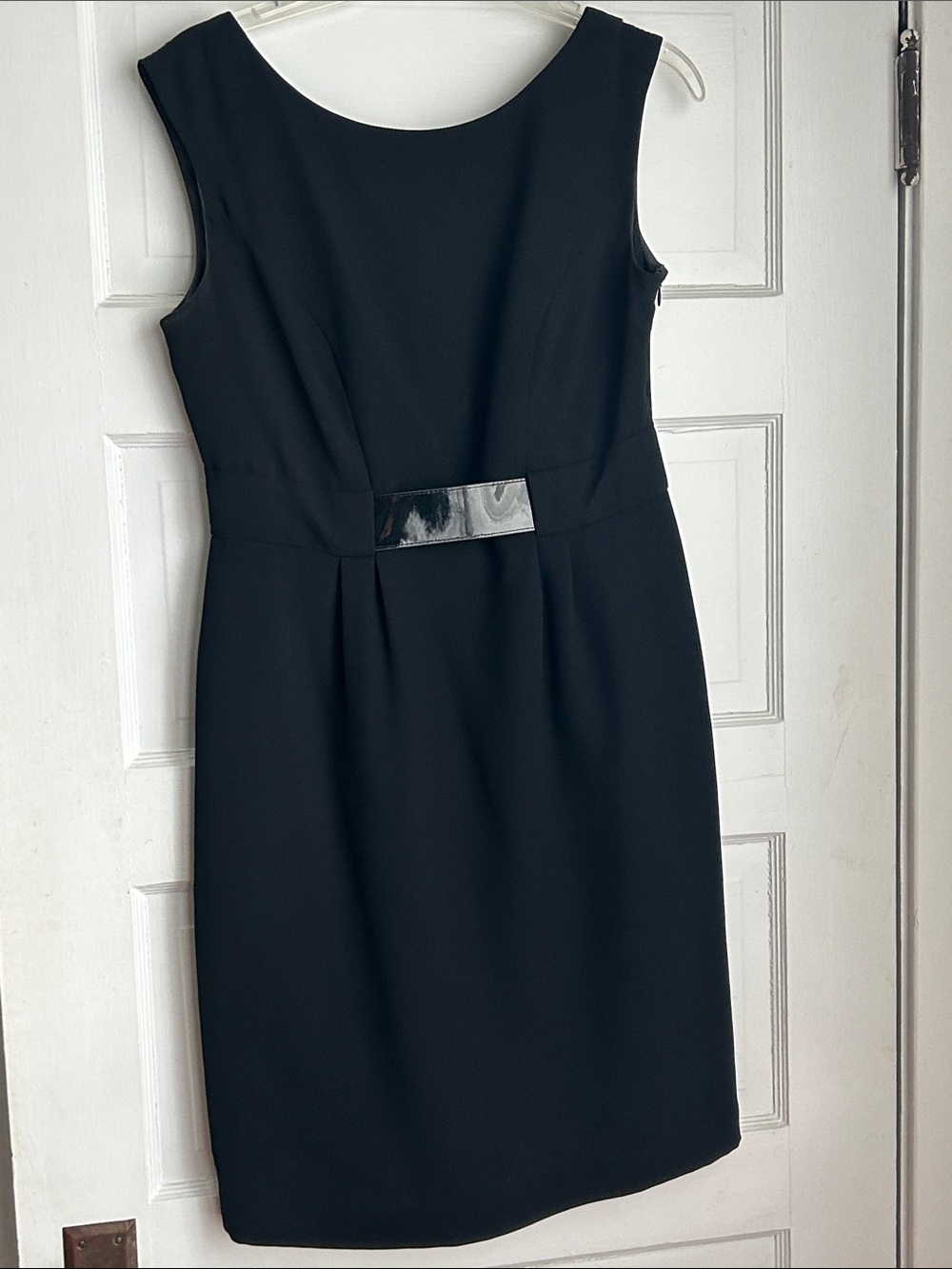 Evan Picone Black Sleeveless Sheath Dress with Patent Waist Detail